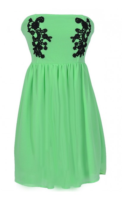 Samantha Black Crochet Applique Strapless Dress in Bright Green